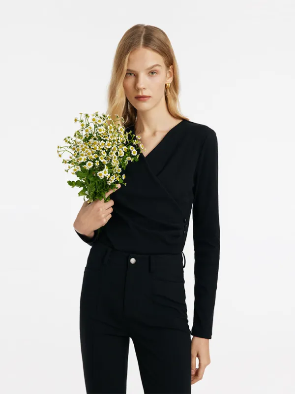 V-Neck Crossover Gathered Waist Women Knit Top sold by Goelia