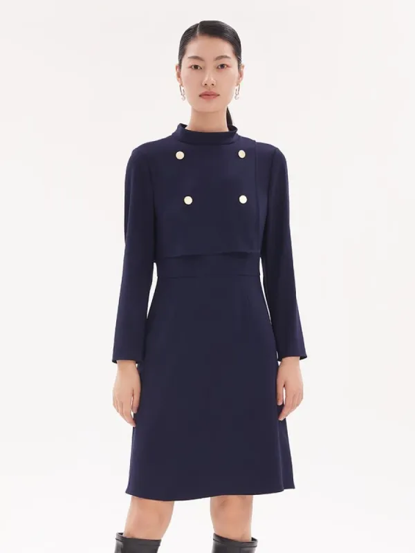 Triacetate Stand Collar Gathered Waist Midi Dress sold by Goelia