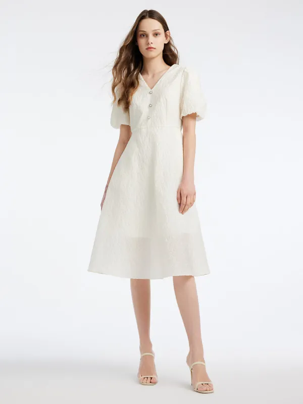 White V-Neck Princess Sleeve Jacquard Midi Dress sold by Goelia
