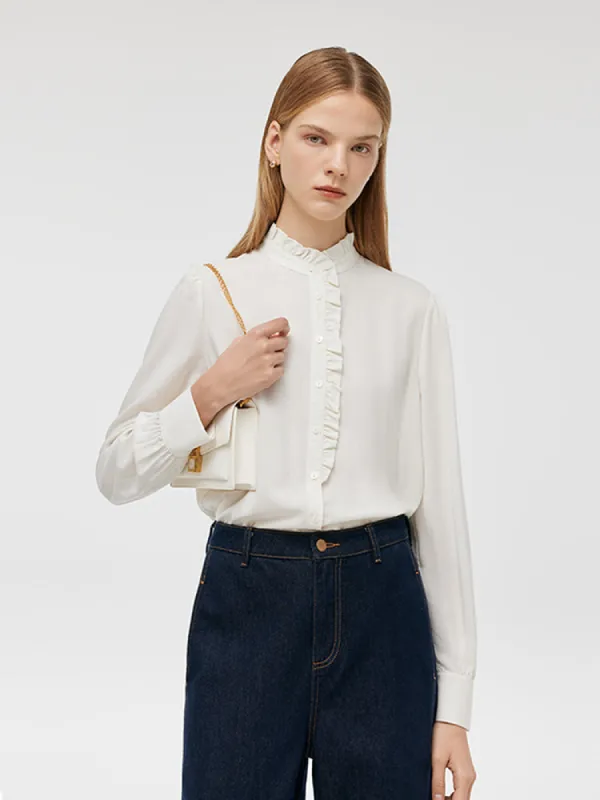 Ruffle Stand Collared Women Shirt sold by Goelia