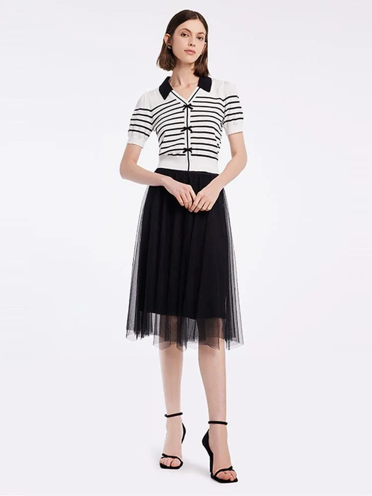 Black And White Striped Top And Mesh Half Women Skirt Two-piece Set sold by Goelia product image thumbnail 2