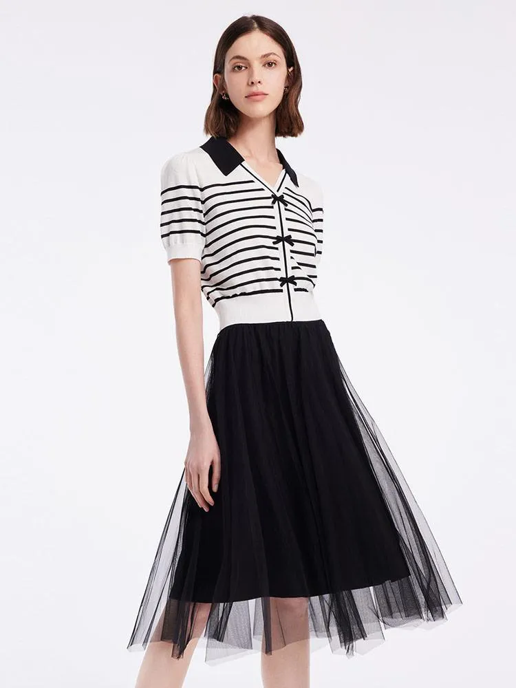 Black And White Striped Top And Mesh Half Women Skirt Two-piece Set sold by Goelia