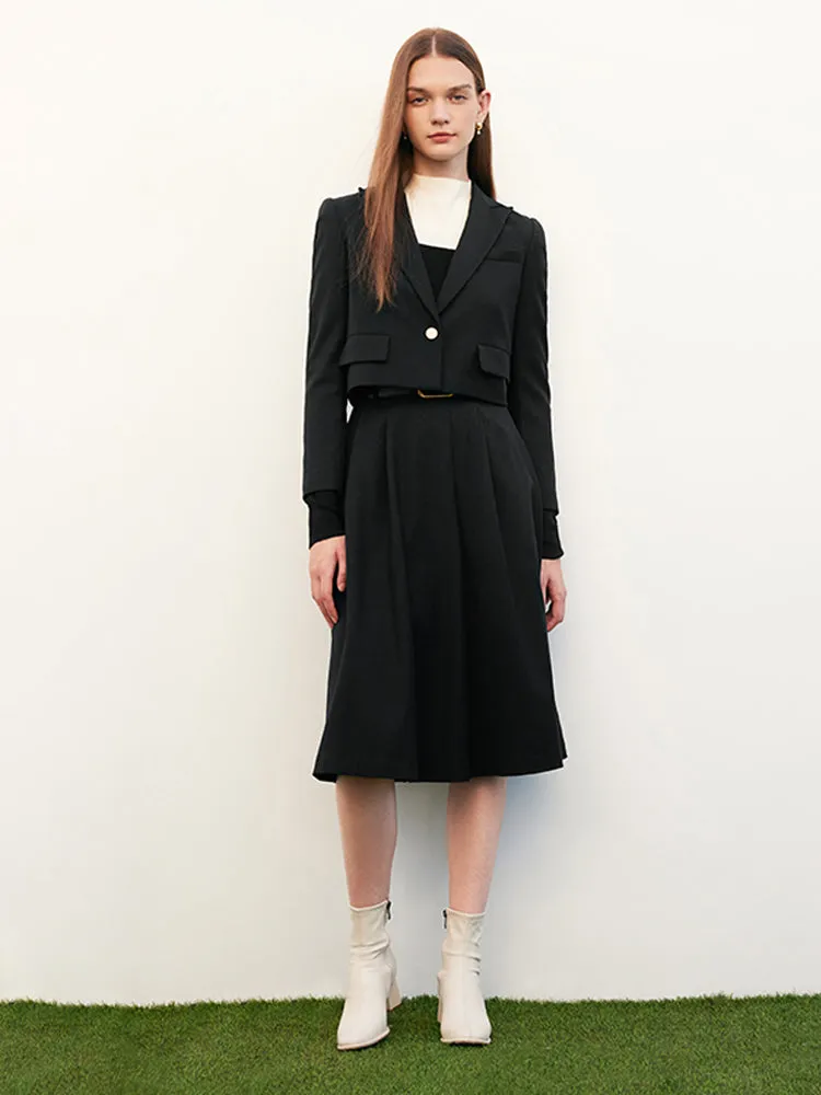 Wool Crop Blazer And Pleated Half Skirt Two-Piece Suit sold by Goelia