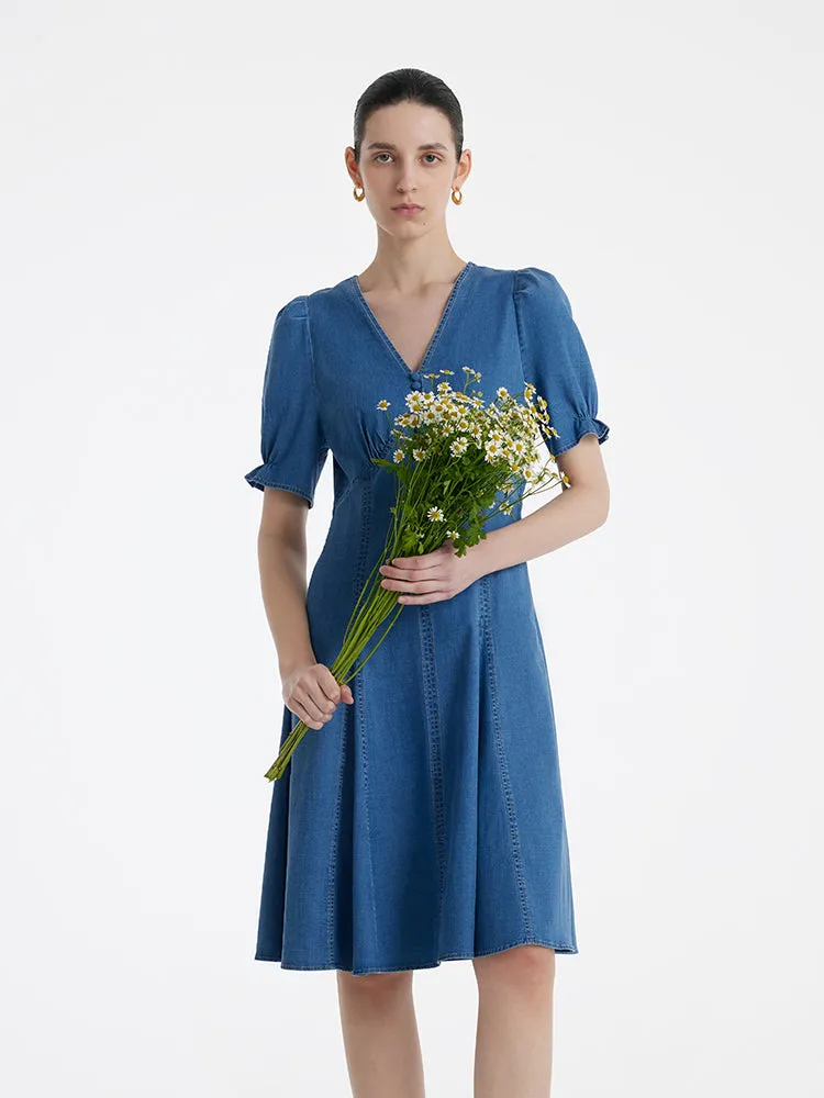 Denim V-Neck Gathered Waist Women Midi Dress sold by Goelia product image thumbnail 4