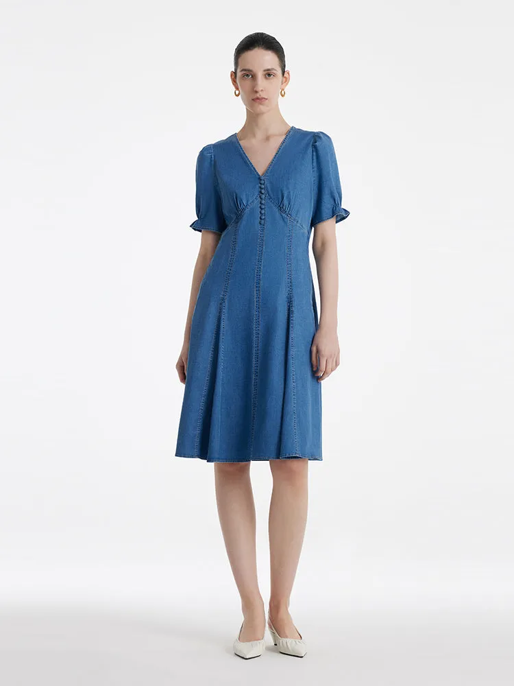 Denim V-Neck Gathered Waist Women Midi Dress sold by Goelia product image thumbnail 2