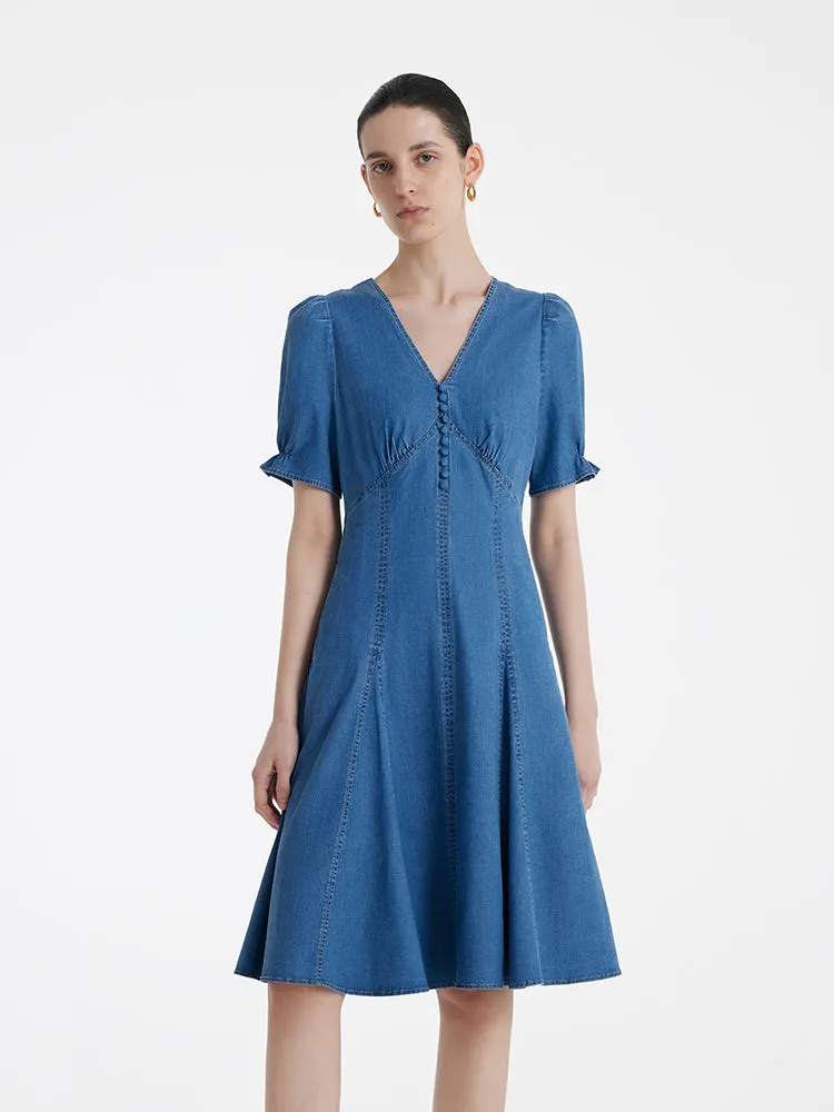 Denim V-Neck Gathered Waist Women Midi Dress sold by Goelia product image thumbnail 3