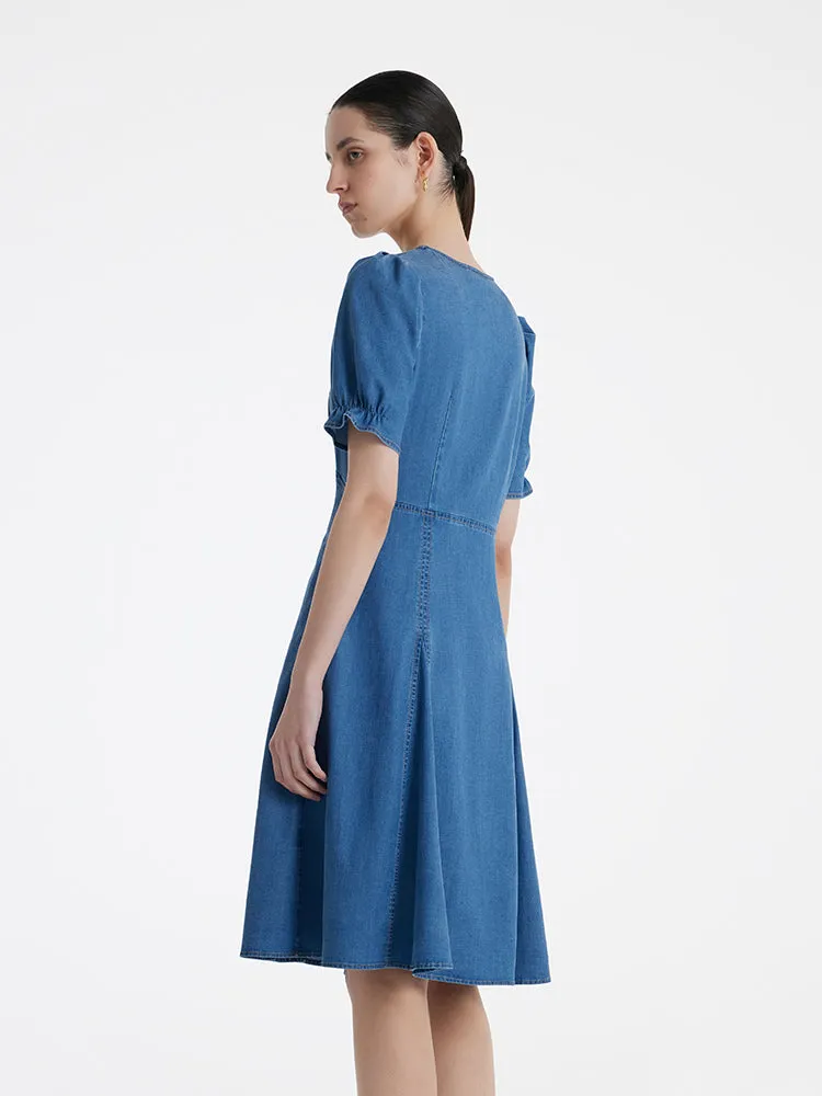Denim V-Neck Gathered Waist Women Midi Dress sold by Goelia product image thumbnail 5
