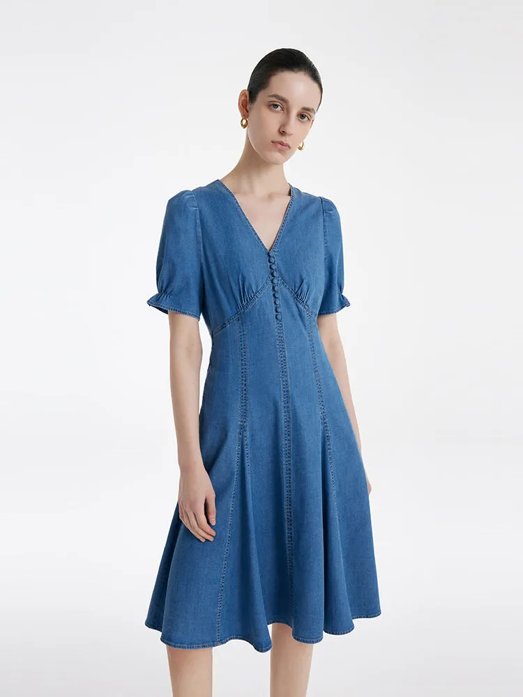 Denim V-Neck Gathered Waist Women Midi Dress sold by Goelia