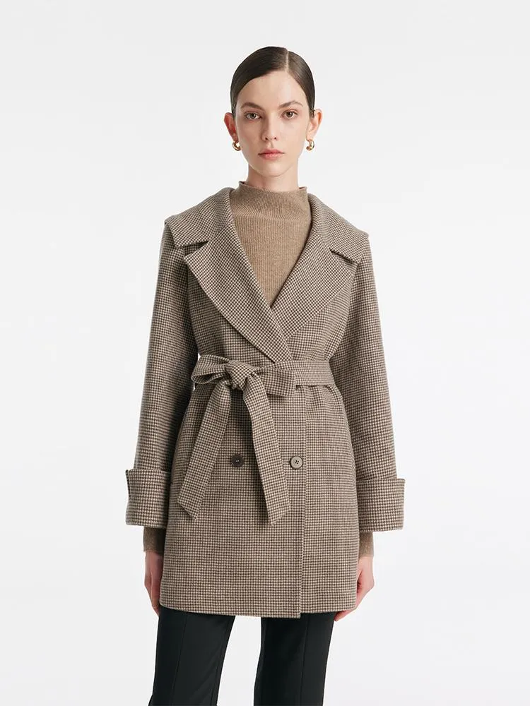 Navy Collar Mid-Length Lapel Women Coat With Belt sold by Goelia