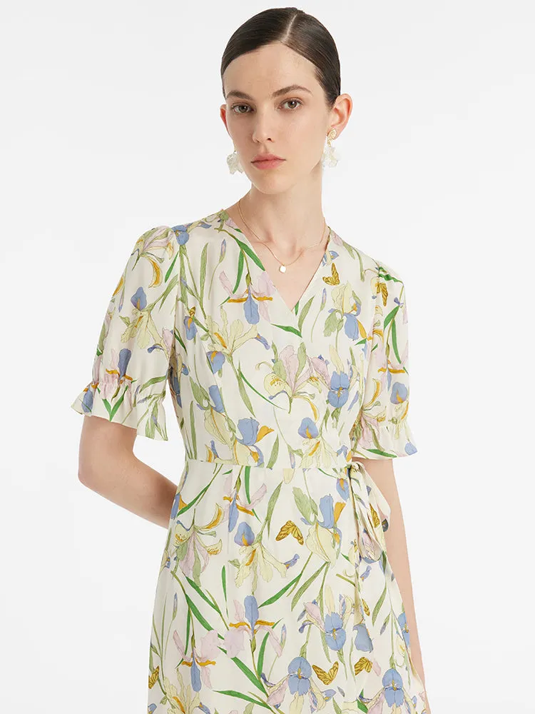 19 Momme Mulberry Silk Iris Print Ruffled Hem Women Midi Wrapped Dress With Scrunchies sold by Goelia product image thumbnail 4