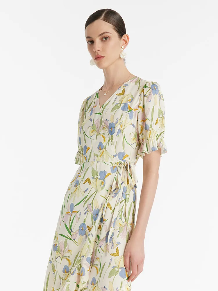 19 Momme Mulberry Silk Iris Print Ruffled Hem Women Midi Wrapped Dress With Scrunchies sold by Goelia product image thumbnail 5