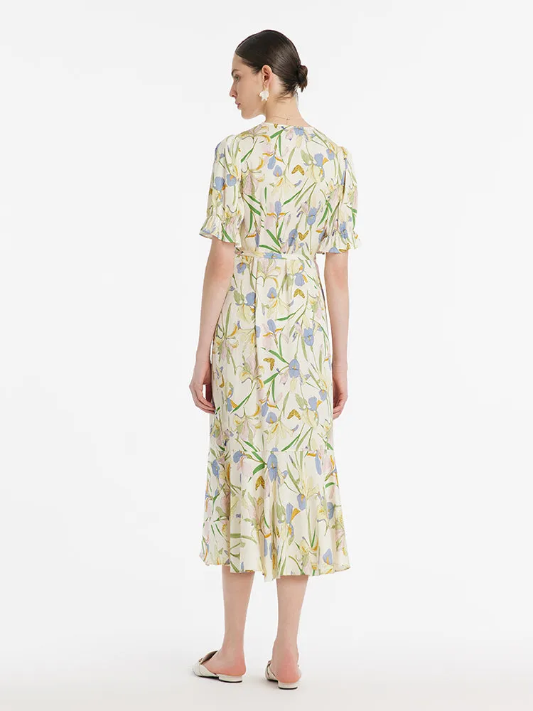 19 Momme Mulberry Silk Iris Print Ruffled Hem Women Midi Wrapped Dress With Scrunchies sold by Goelia product image thumbnail 3