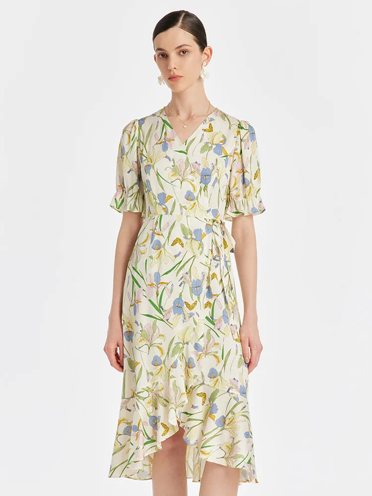 19 Momme Mulberry Silk Iris Print Ruffled Hem Women Midi Wrapped Dress With Scrunchies sold by Goelia