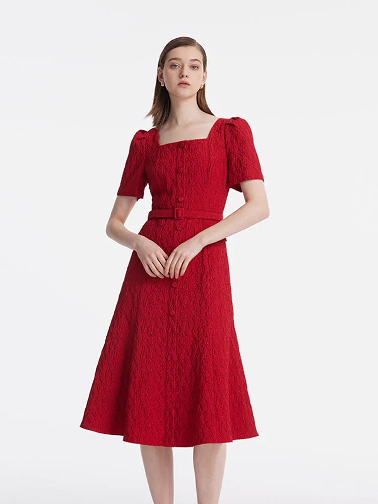 Jacquard Square Neck Single-Breasted Women Midi Dress With Belt sold by Goelia product image thumbnail 3