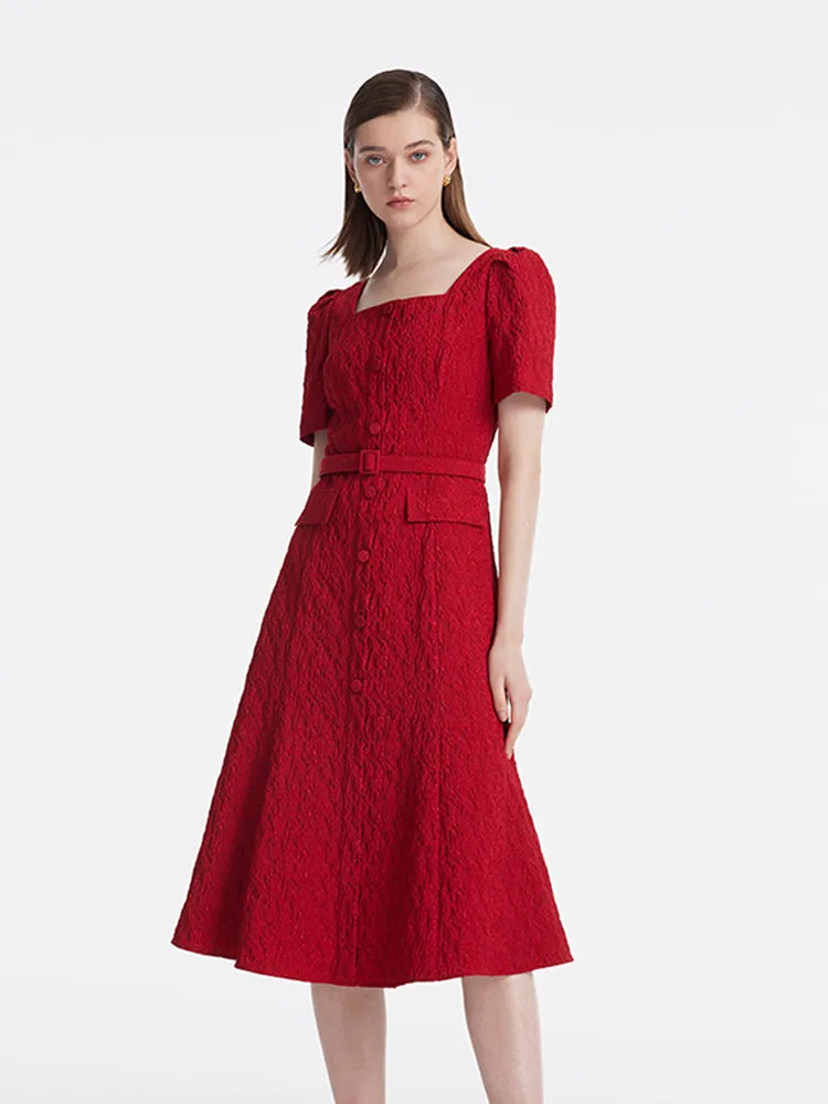 Jacquard Square Neck Single-Breasted Women Midi Dress With Belt sold by Goelia