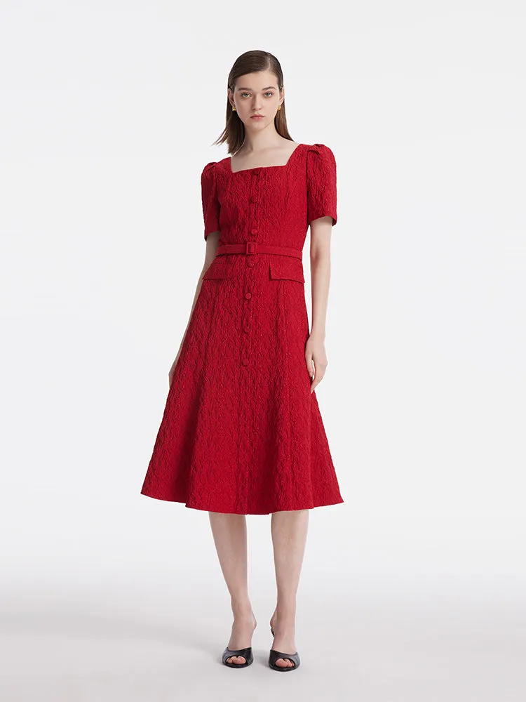 Jacquard Square Neck Single-Breasted Women Midi Dress With Belt sold by Goelia product image thumbnail 2