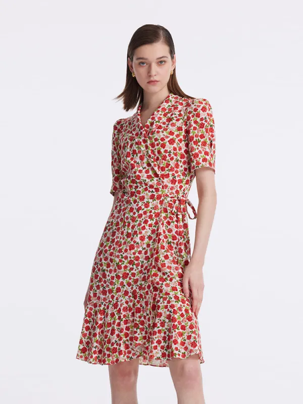 Rose Print Wrapped Ruffle Women Mini Dress sold by Goelia