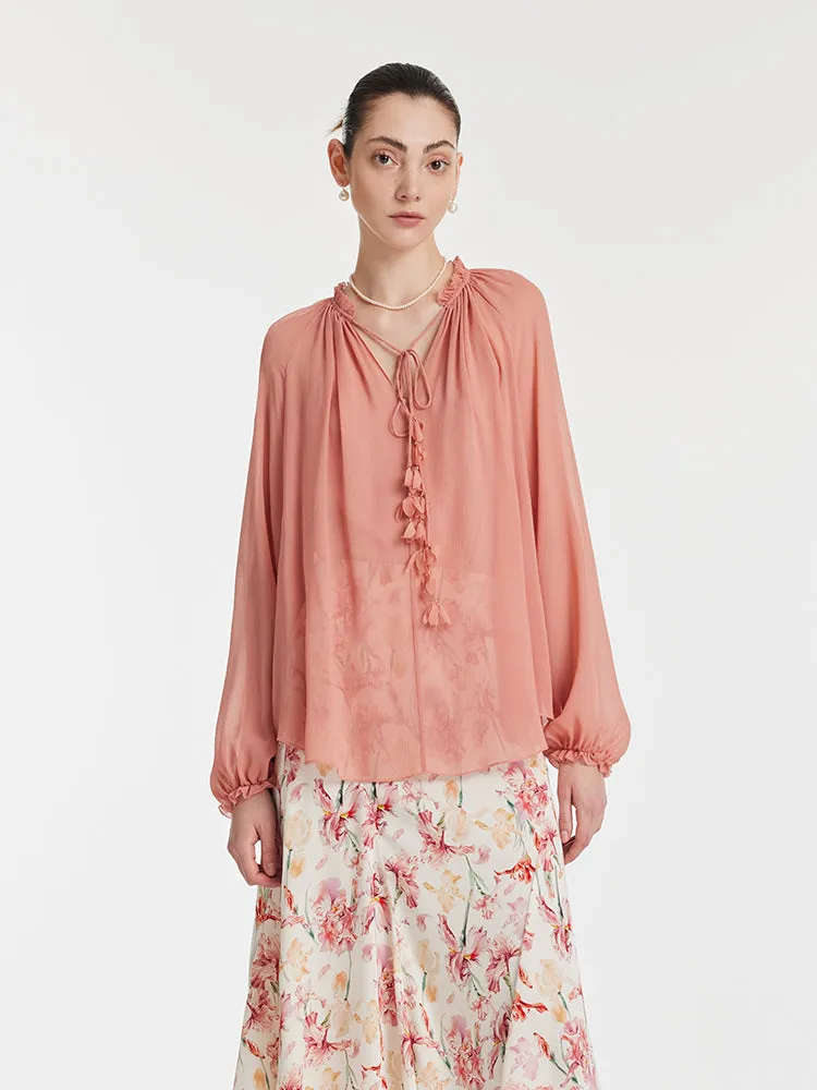 12 Momme Mulberry Silk Ruffle Trim Women Blouse With Bottomed Camisole sold by Goelia product image thumbnail 4