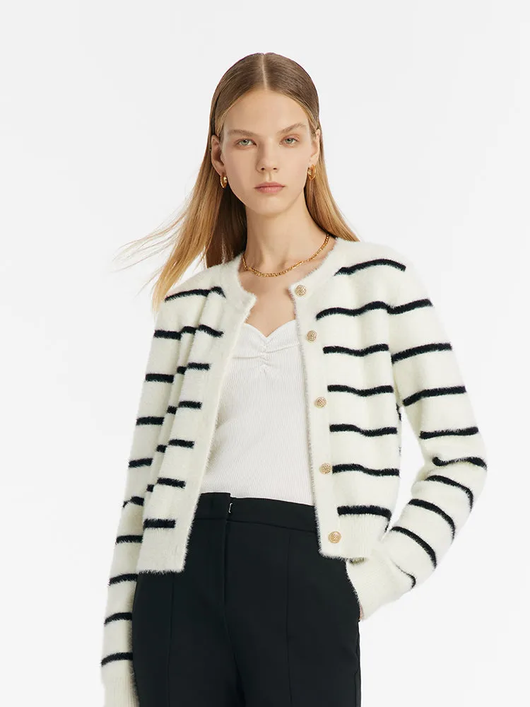 Eco-Friendly Mink Knitted Striped Women Cardigan sold by Goelia