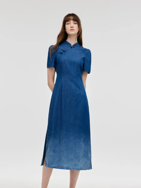 Gradient Denim Women Qipao Midi Dress sold by Goelia