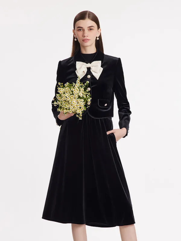 Velvet Crop Jacket And Skirt Two-Piece Suit With Detachable Bowknot made by Goelia