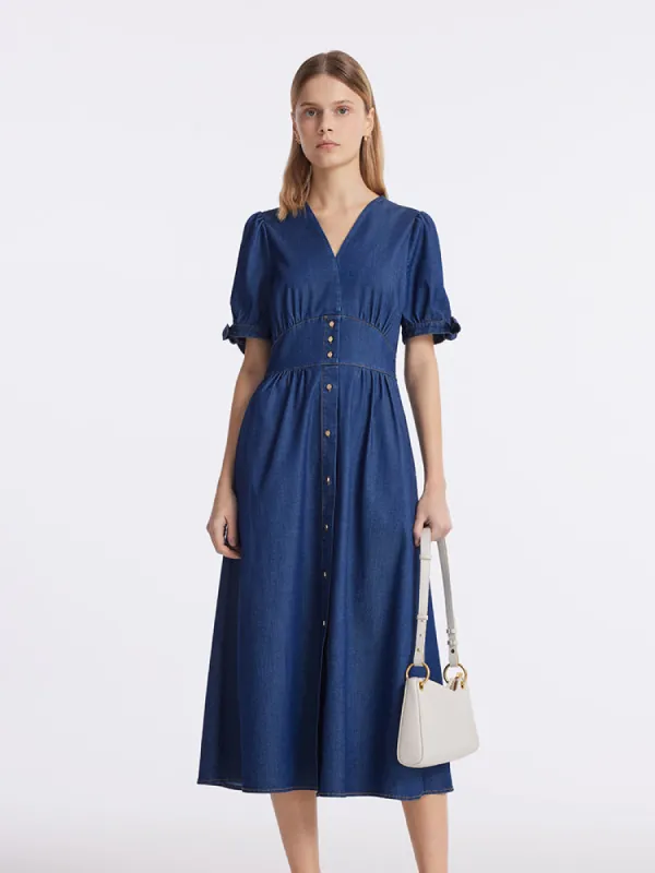Gathered Waist Denim Women Midi Dress sold by Goelia