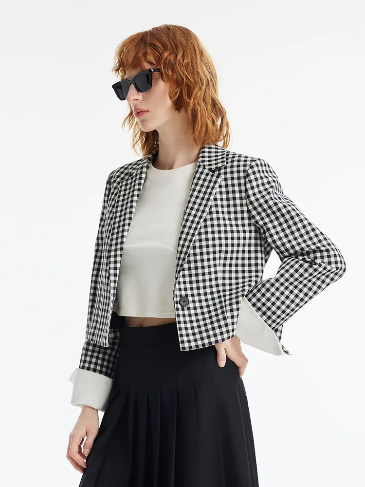 Black And White Check Women Crop Blazer sold by Goelia