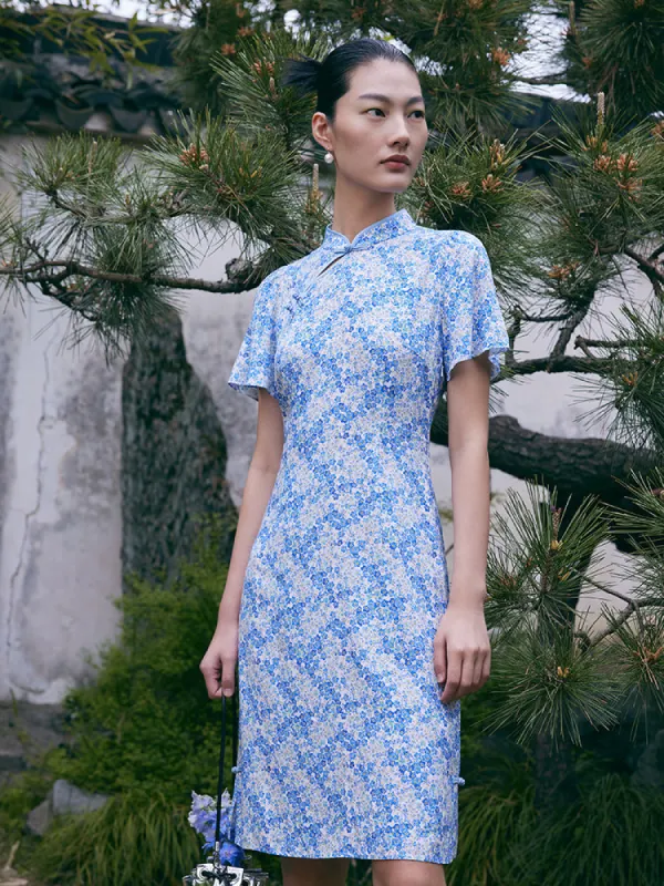 Blue Floral Cheongsam Qipao Mini Dress sold by Goelia