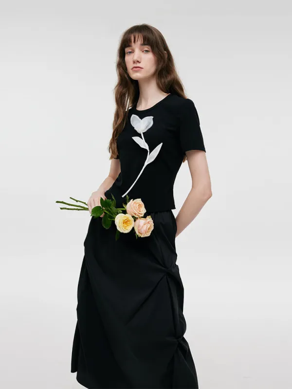 3D Rose T-Shirt And Ruched Skirt Two-Piece Set sold by Goelia