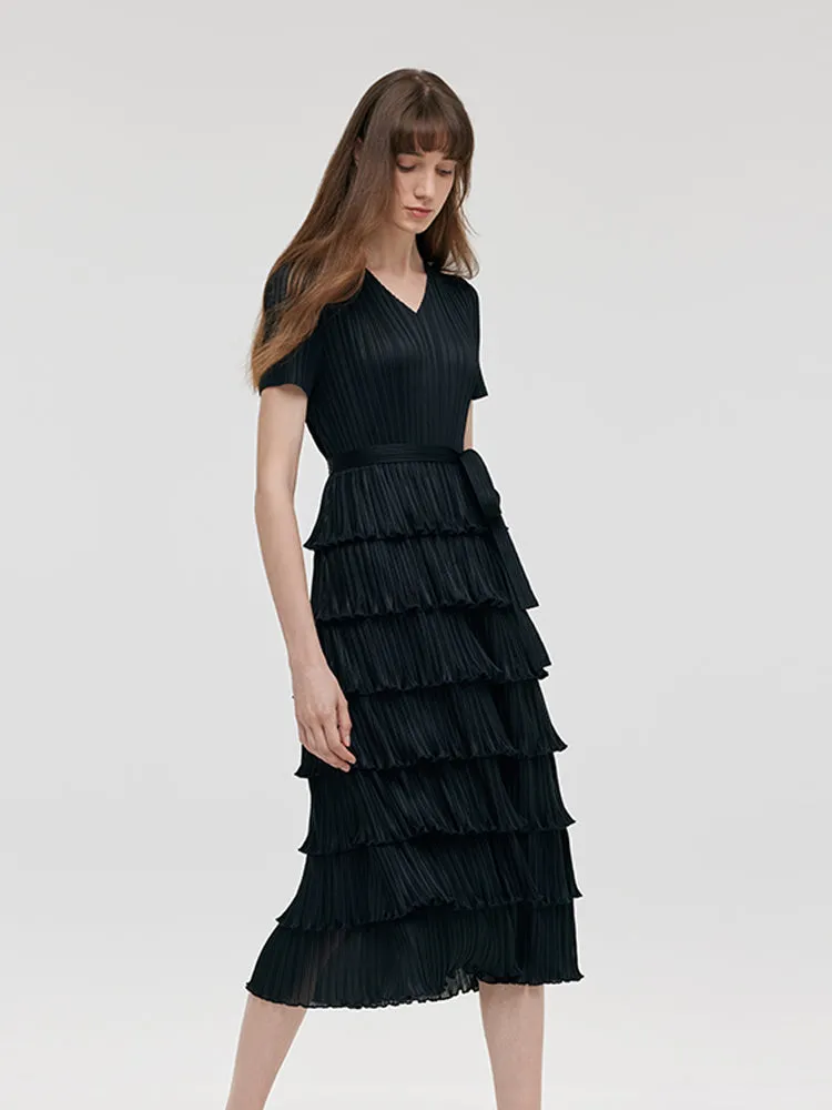 Pleated Women Tiered Midi Dress With Belt sold by Goelia product image thumbnail 4
