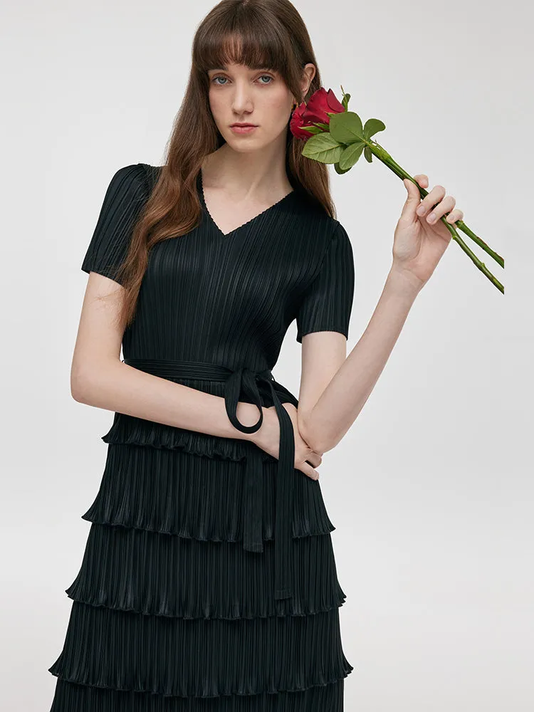 Pleated Women Tiered Midi Dress With Belt sold by Goelia product image thumbnail 5
