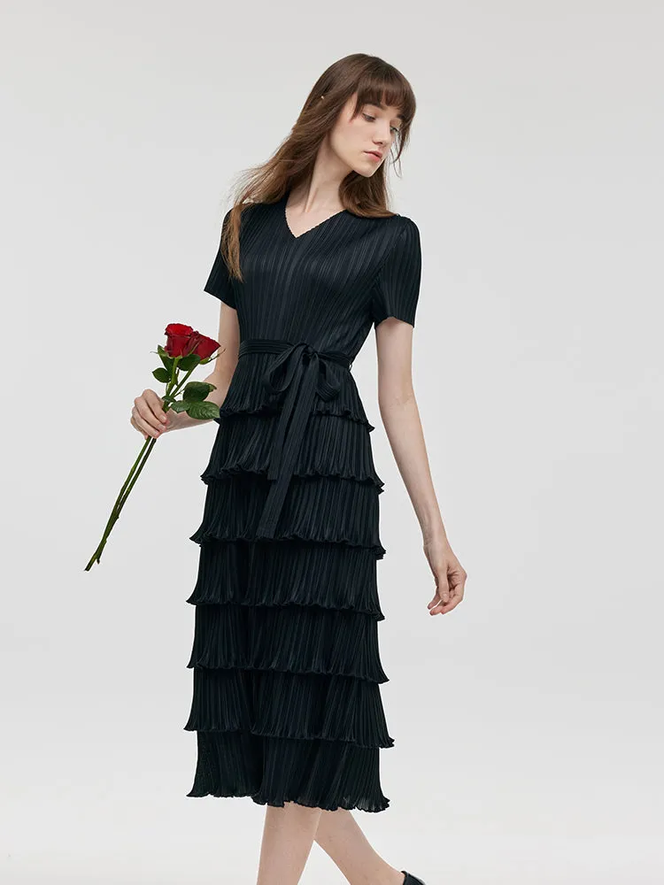 Pleated Women Tiered Midi Dress With Belt sold by Goelia
