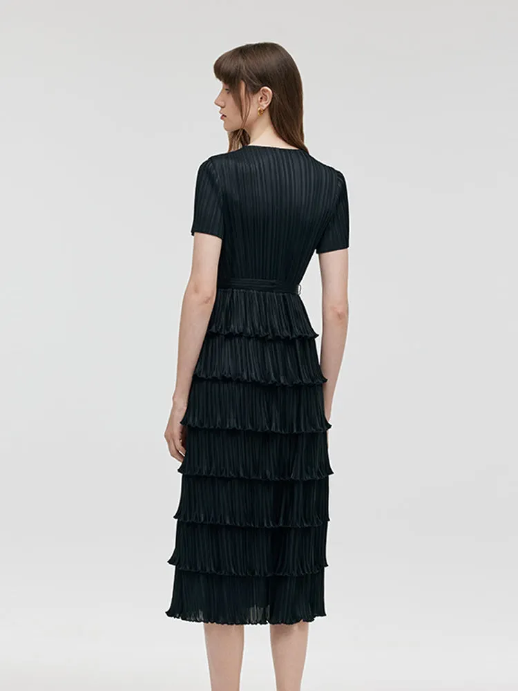 Pleated Women Tiered Midi Dress With Belt sold by Goelia product image thumbnail 3