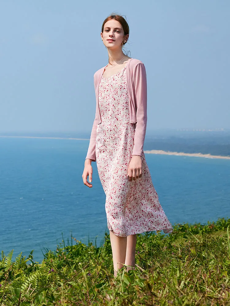 Floral Spaghetti Strap Dress With Knitted Cardigan Two-Piece