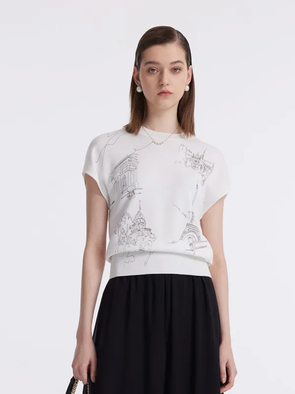 Map Printed Gathered Waist Women Knit Top sold by Goelia