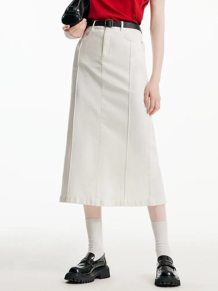 Split White Denim Long Skirt With Belt sold by Goelia