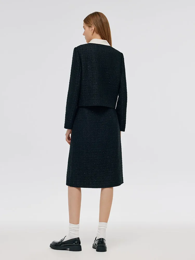 Tweed Crop Jacket And A-Line Skirt Two-Piece Set With Detachable Contrast Collar sold by Goelia product image thumbnail 4