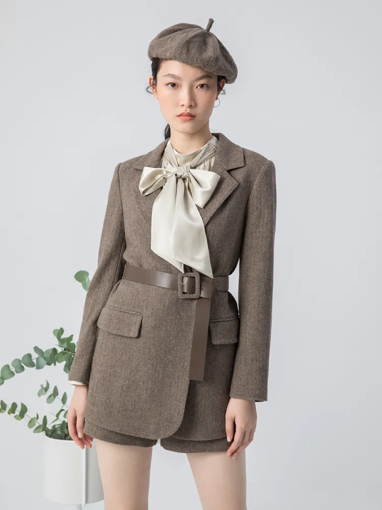 Brown Washable Woolen Sheath Gathered Waist Blazer sold by Goelia product image thumbnail 5