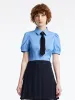 Blue Puff Sleeve Crop Shirt With Tie sold by Goelia