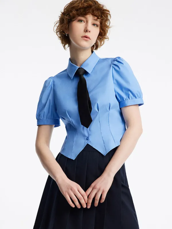 Blue Puff Sleeve Crop Shirt With Tie sold by Goelia