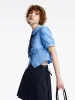 Blue Puff Sleeve Crop Shirt With Tie sold by Goelia