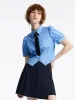 Blue Puff Sleeve Crop Shirt With Tie sold by Goelia