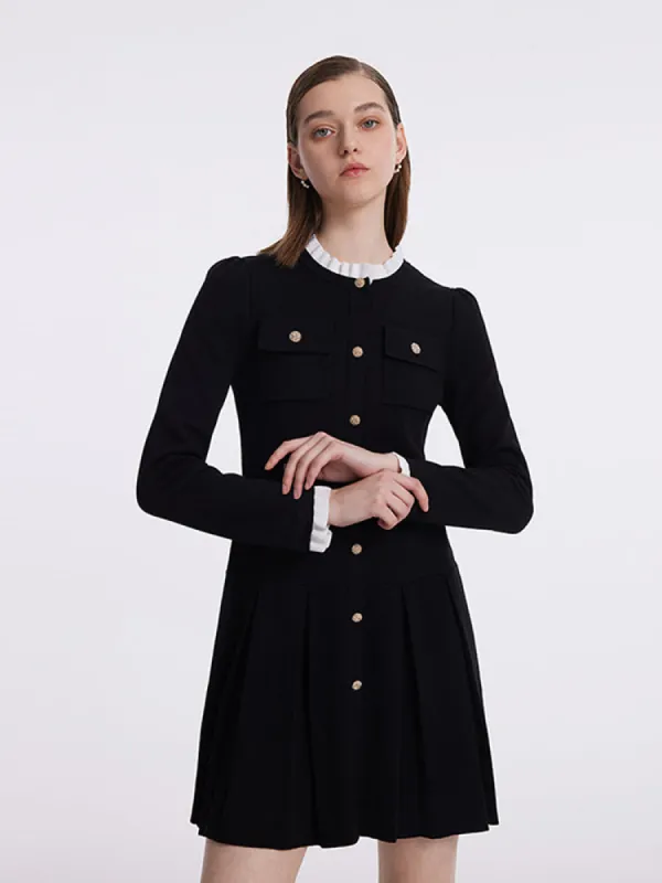 Ruffle Collared Single-Breasted Pleated Women Mini Dress sold by Goelia