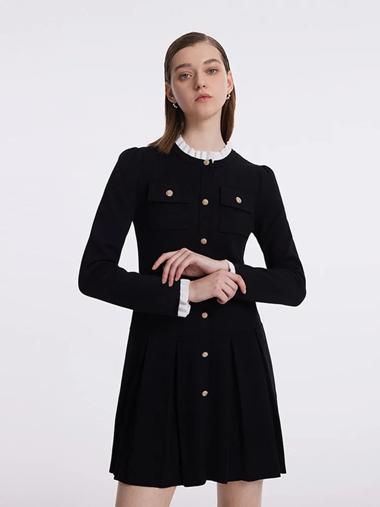 Ruffle Collared Single-Breasted Pleated Women Mini Dress sold by Goelia