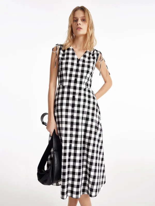 Gingham Single-Breasted Women Midi Dress sold by Goelia