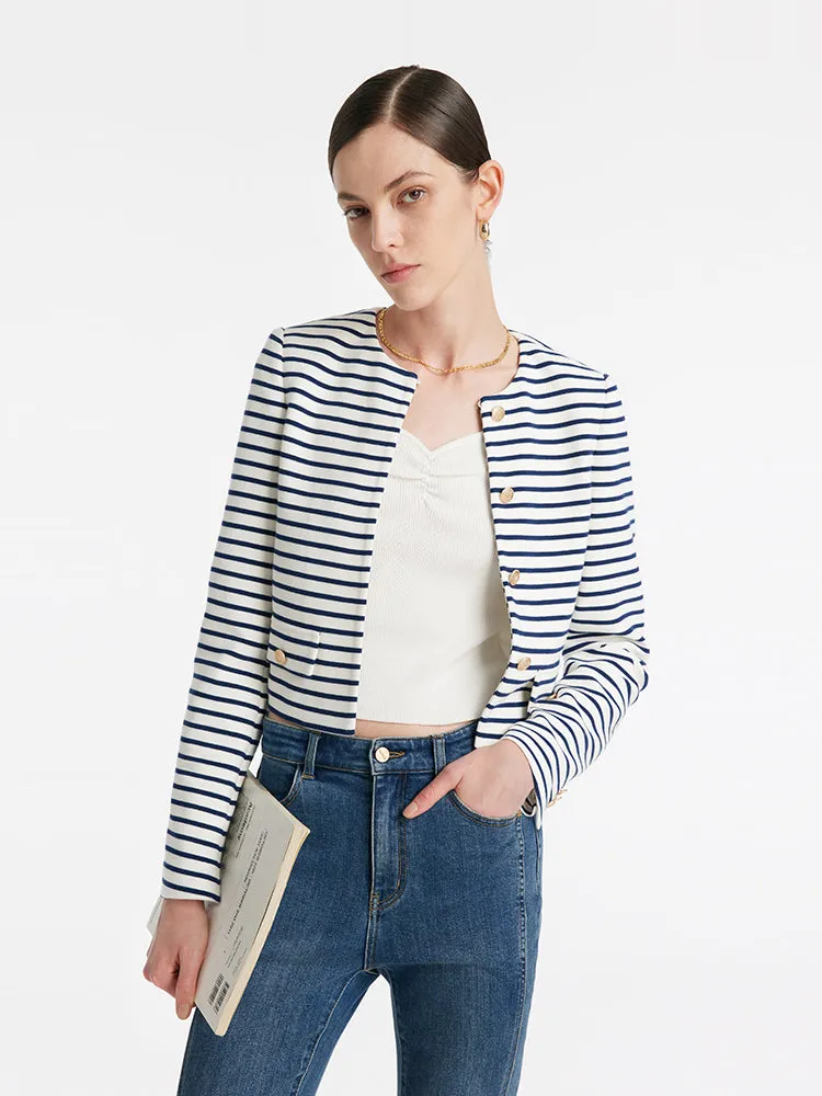 Cotton Striped Single-Breasted Women Crop Jacket sold by Goelia