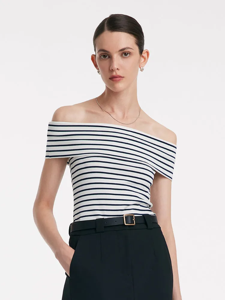Off Shoulder Striped Slim Top sold by Goelia