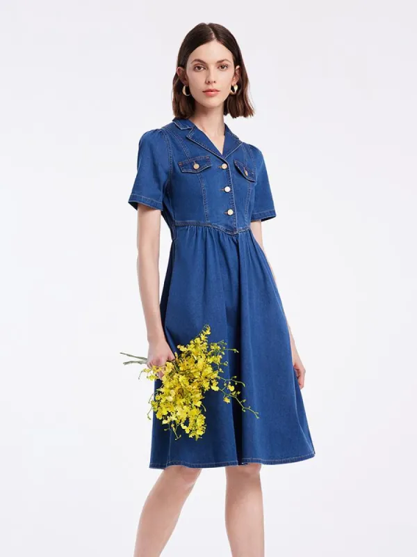 V-neck Gathered Waist Denim Midi Collared Dress sold by Goelia