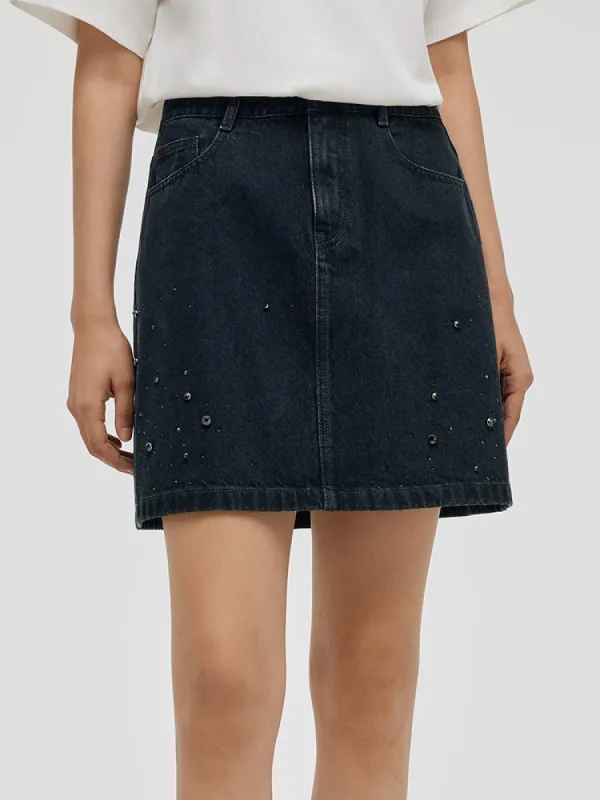 Denim Rhinestone Women Skirt sold by Goelia