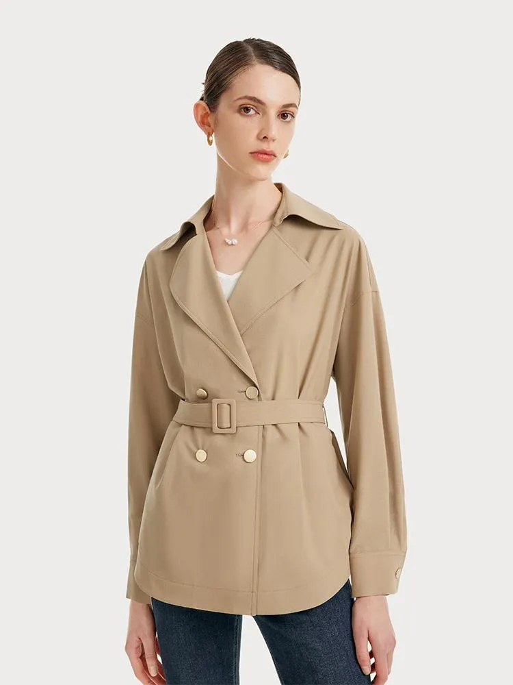 Machine Washable Silk And Woolen Short Women Trench Coat With Belt sold by Goelia